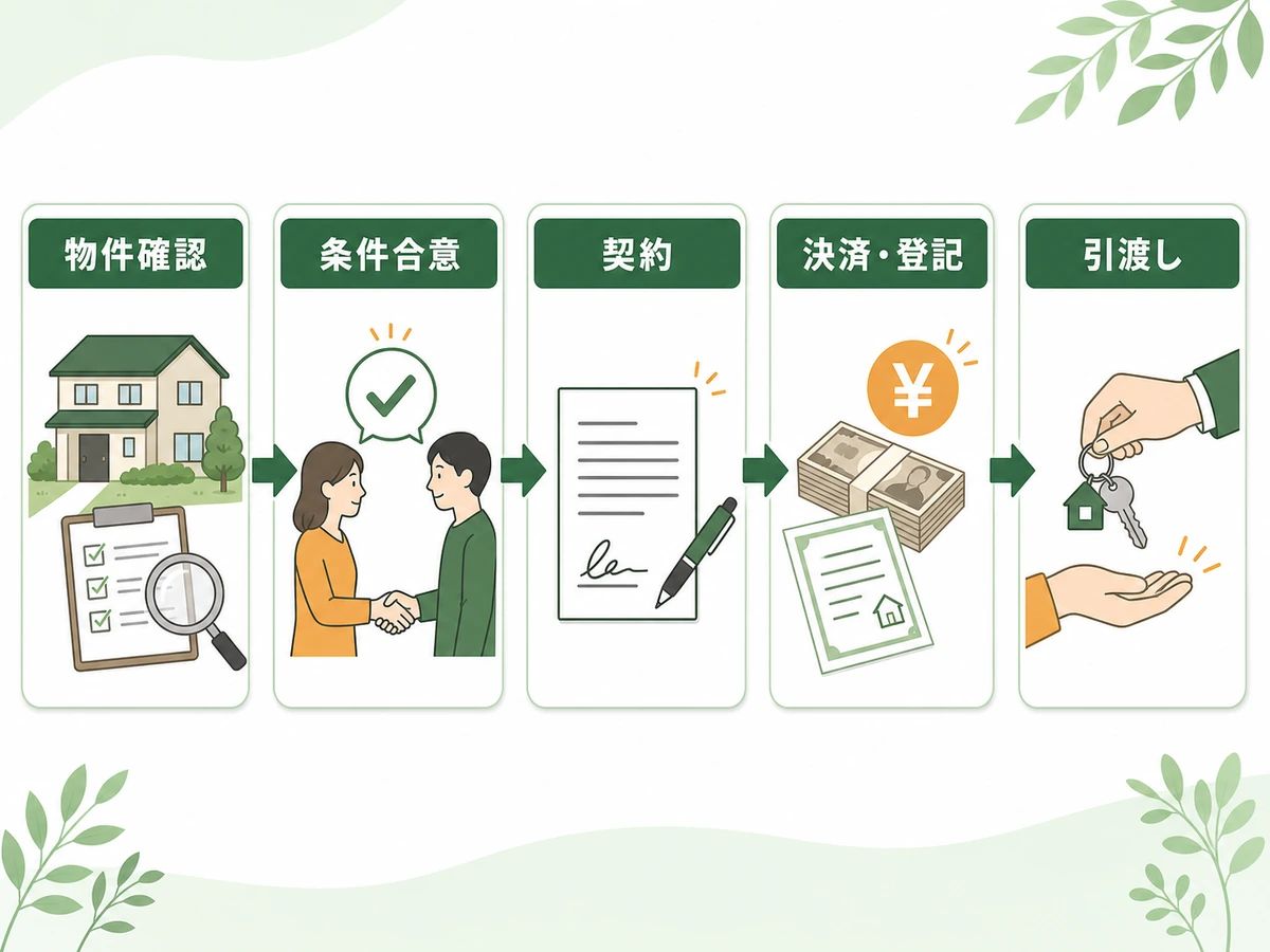 空き家の個人間売買で物件確認から契約・決済・登記・引渡しまでを示す流れ