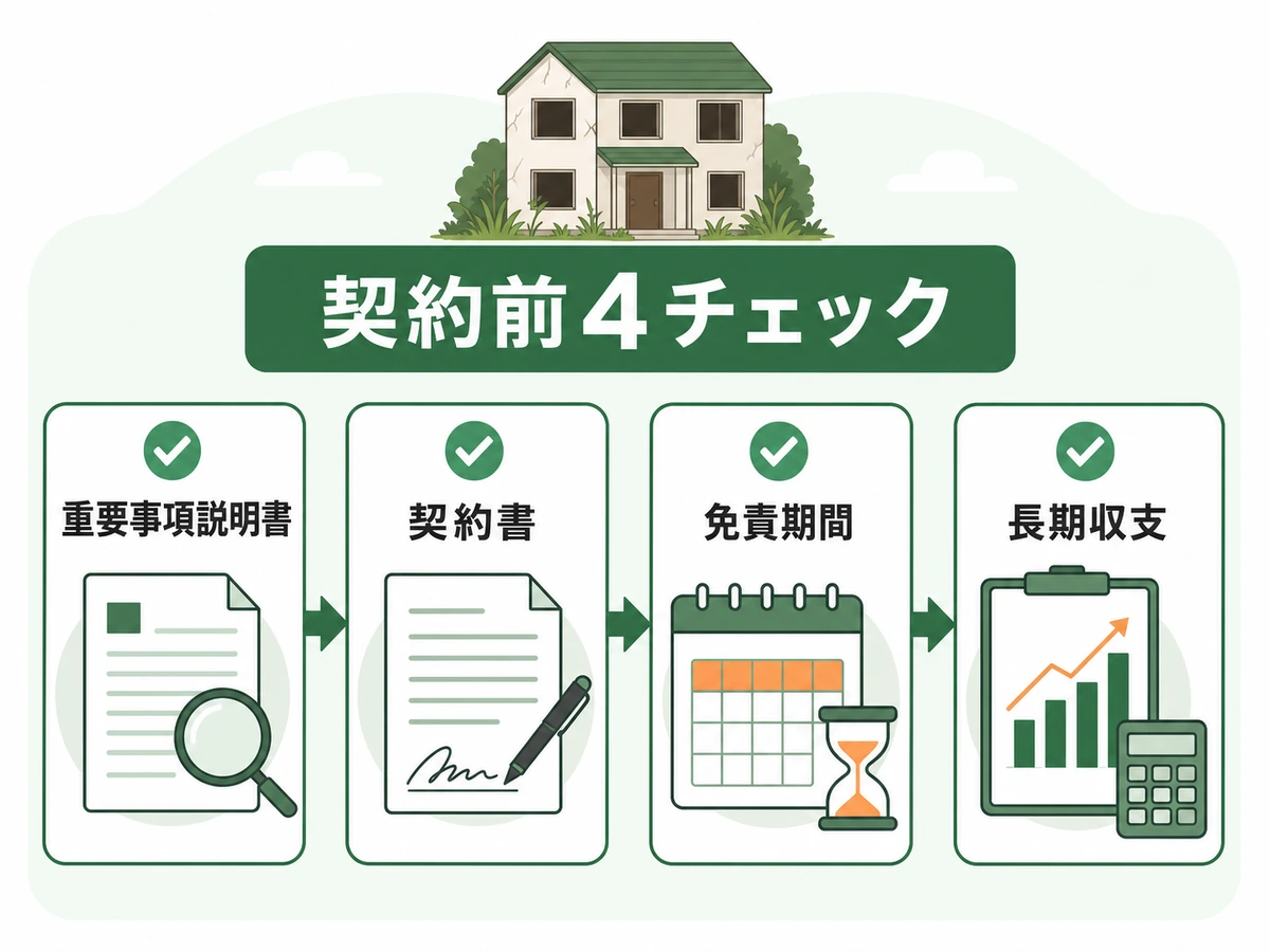 サブリース契約前に重要事項説明書、契約書、免責期間、長期収支を確認する流れ