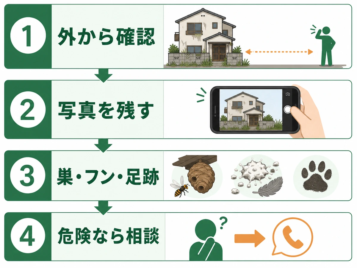 空き家の巣や侵入被害を外から確認して相談する流れ