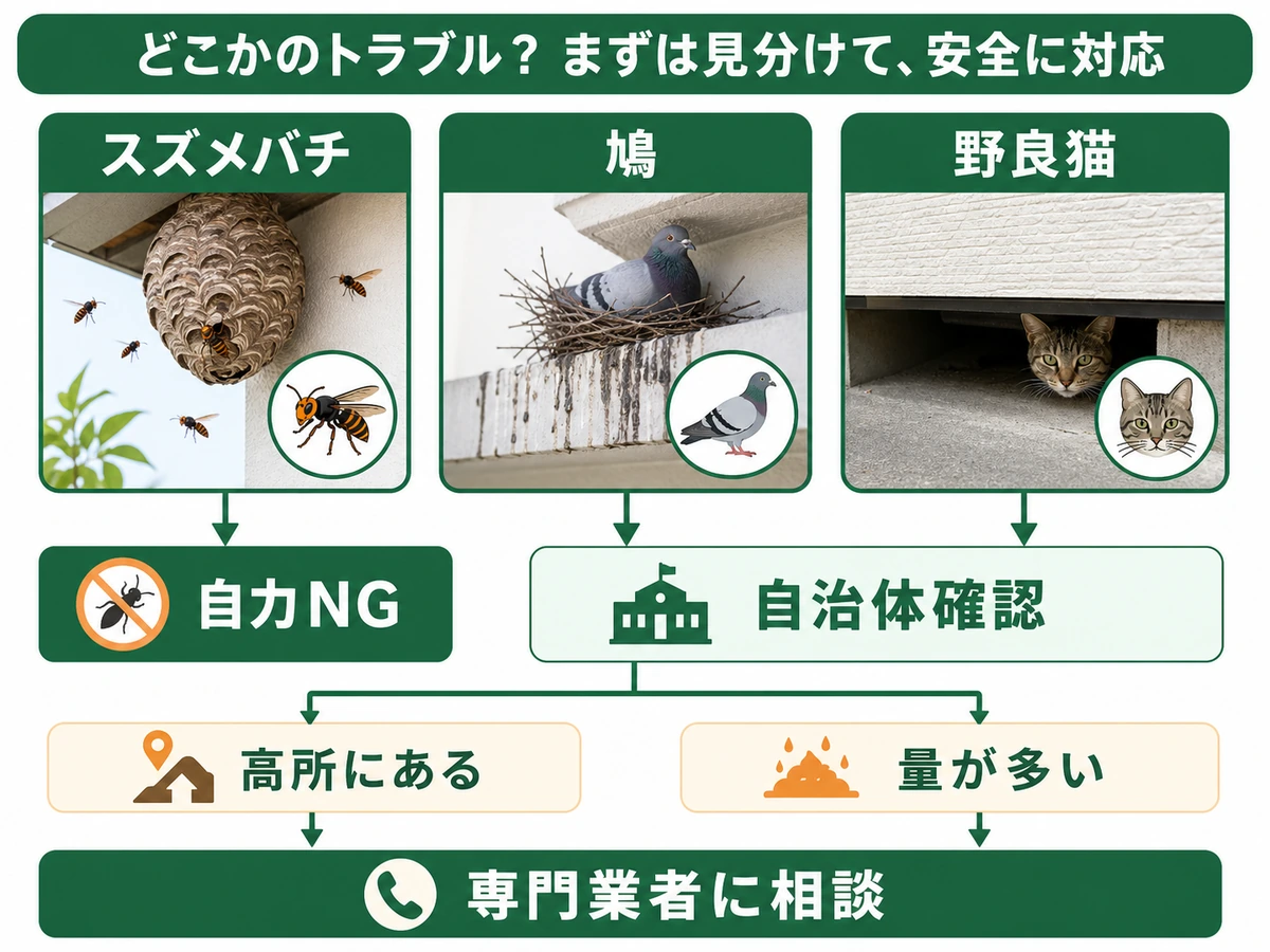 スズメバチ・鳩・野良猫の自力対応と相談目安の判断図