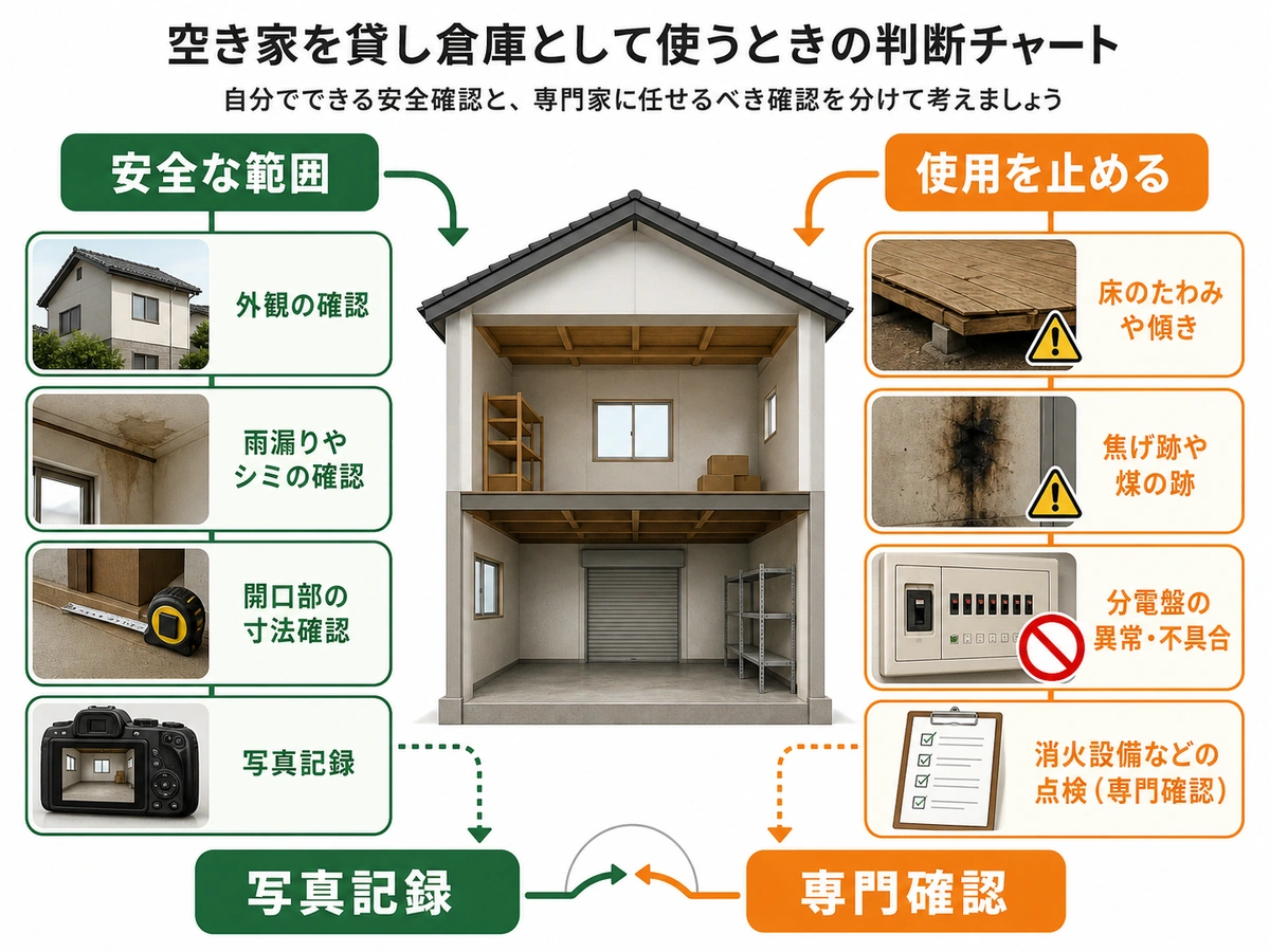 空き家で自分が確認できる範囲と専門点検へ切り替える条件の分岐図
