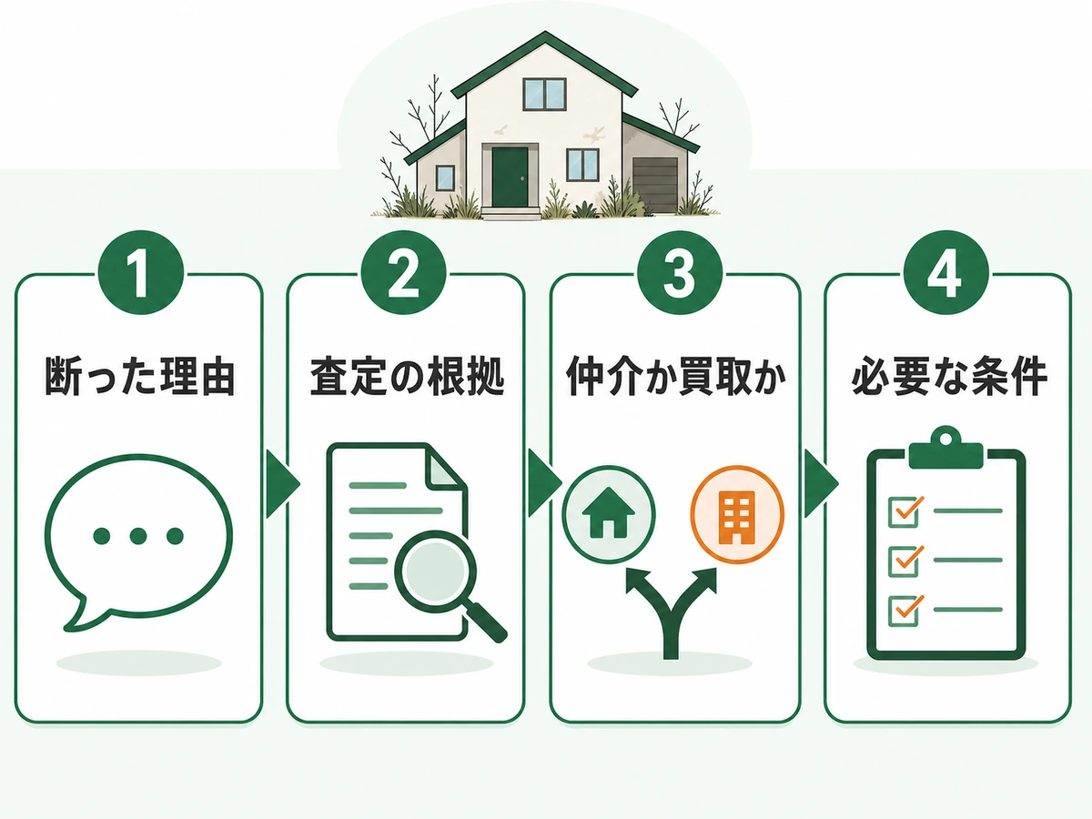 空き家を断られたときに確認する理由、査定根拠、仲介か買取か、必要条件の4ステップ
