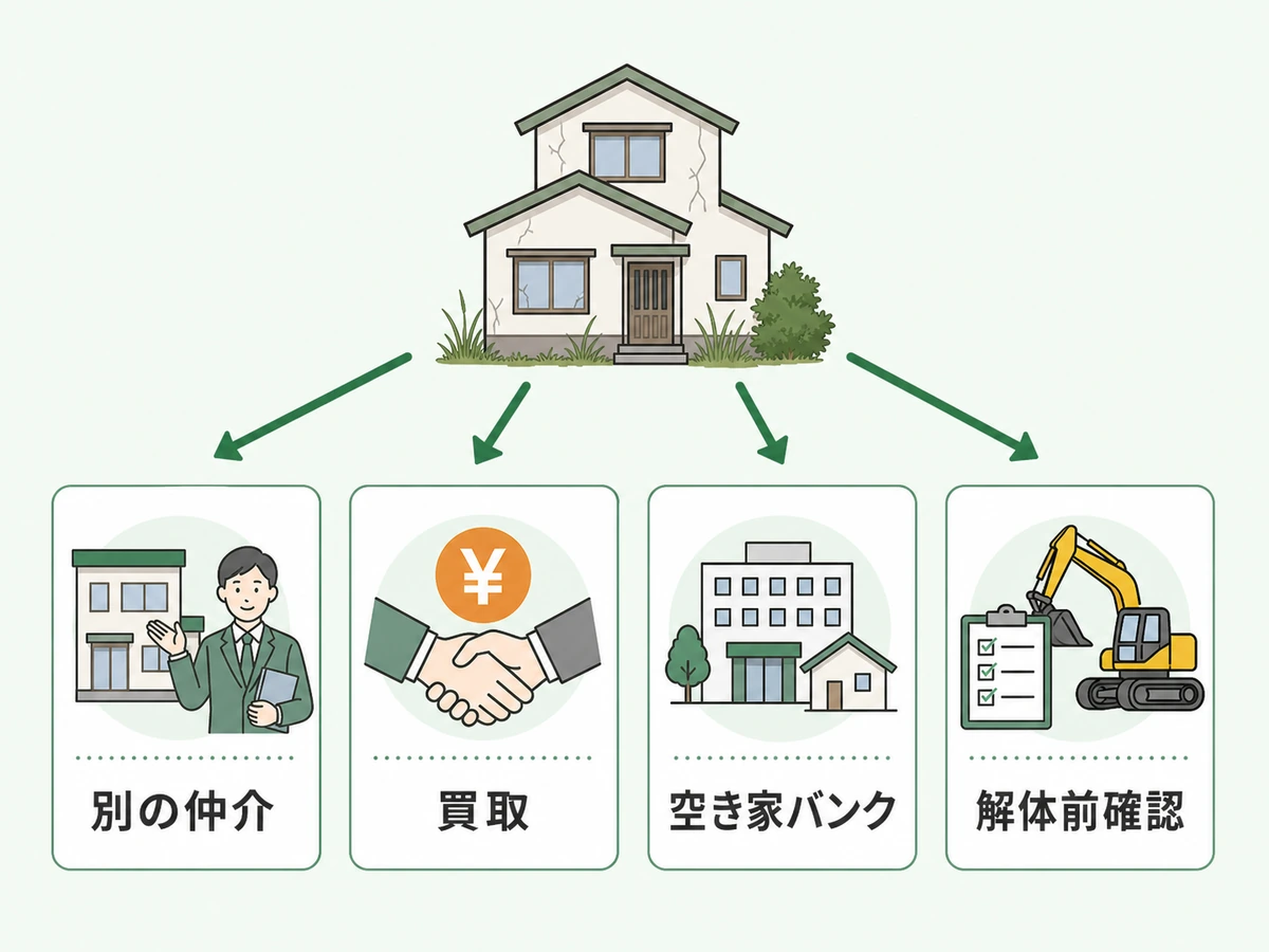 売れない空き家の別の仲介、買取、空き家バンク、解体前確認の4つの出口