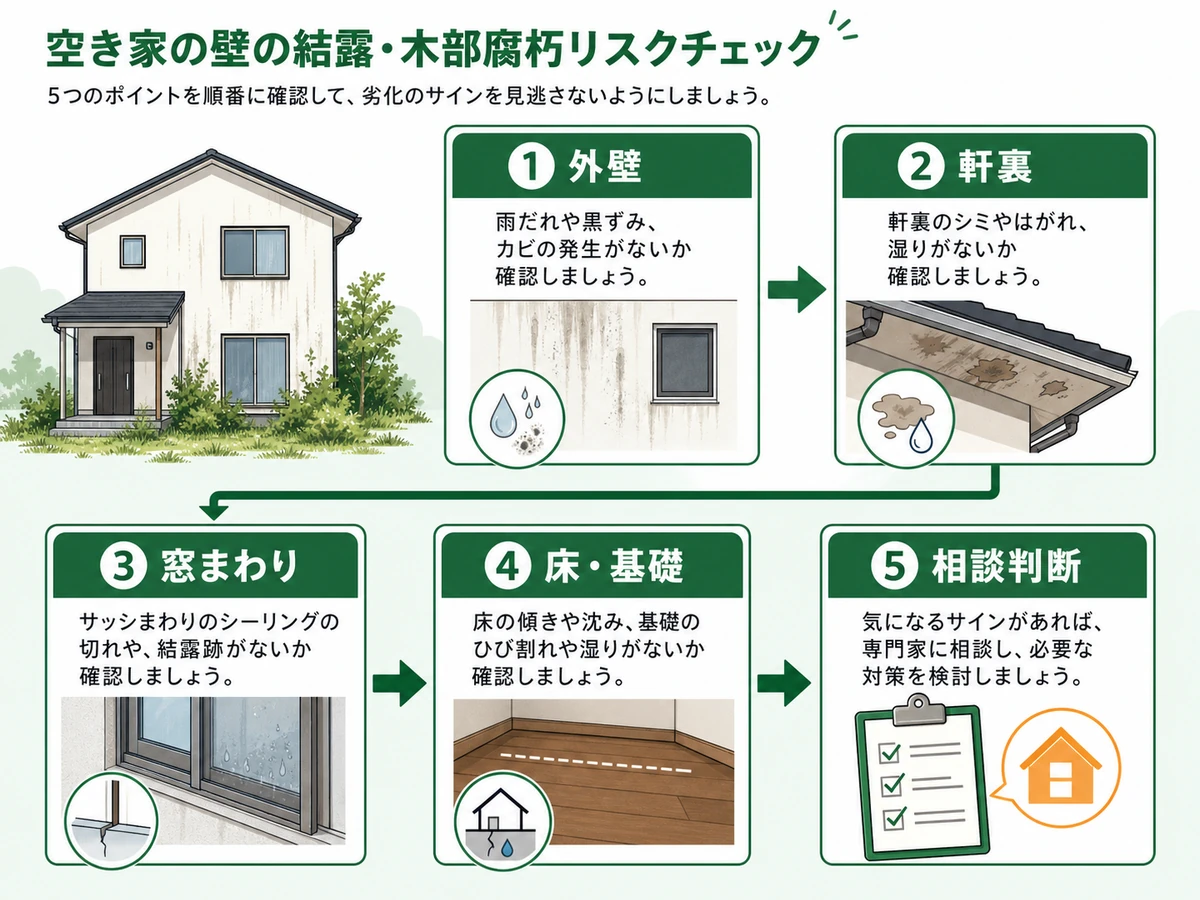空き家の外壁、軒裏、窓まわり、床と基礎、相談判断の確認順を示す図