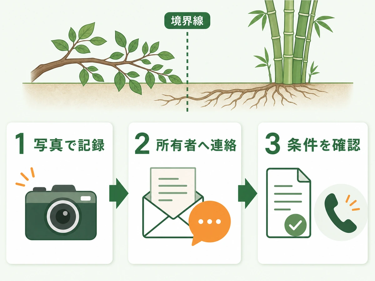 越境した枝と竹根を見つけた際の写真、連絡、条件確認の順番を示す図