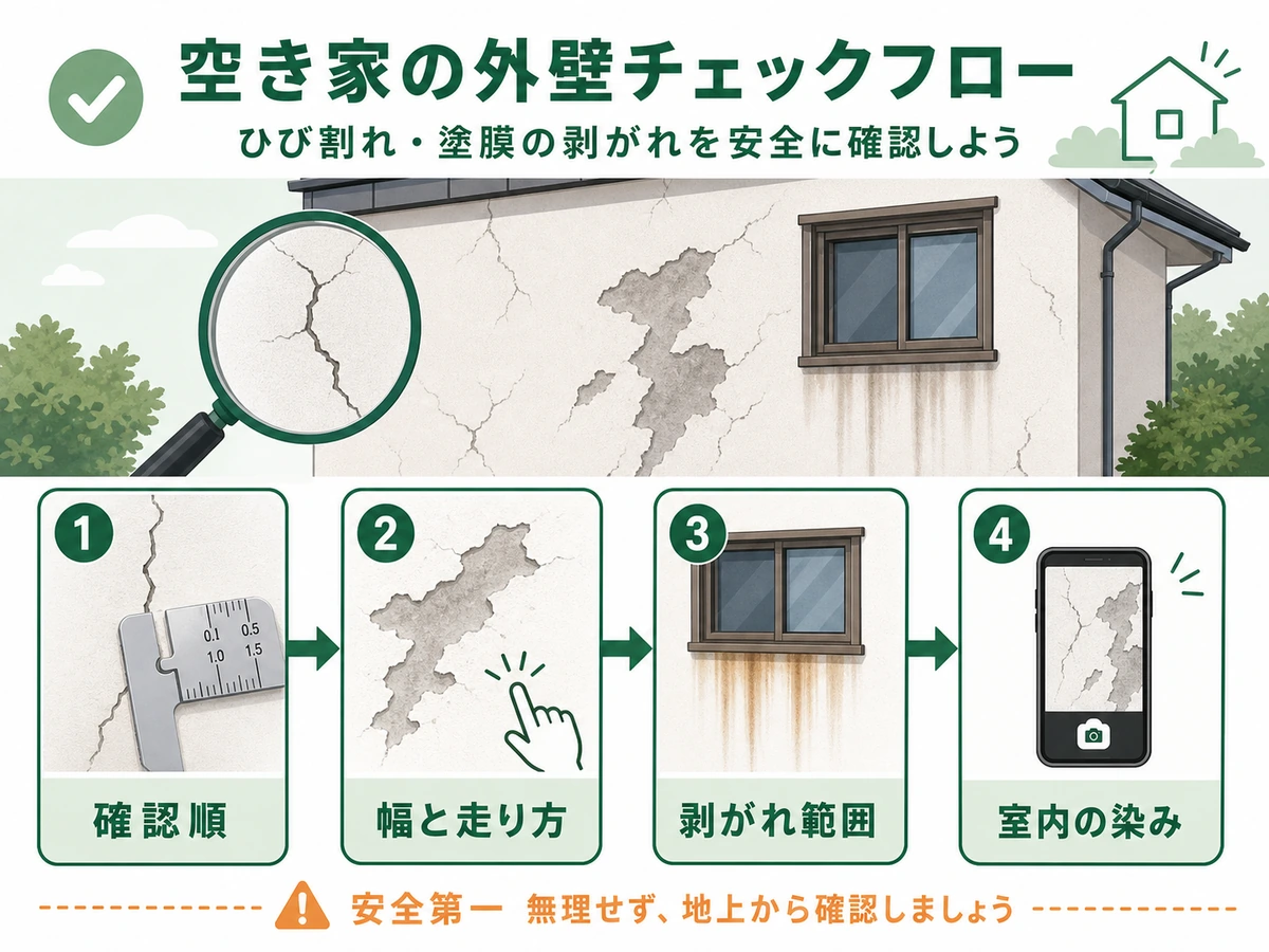 外壁のひび割れや塗装剥がれを地上から確認する順番
