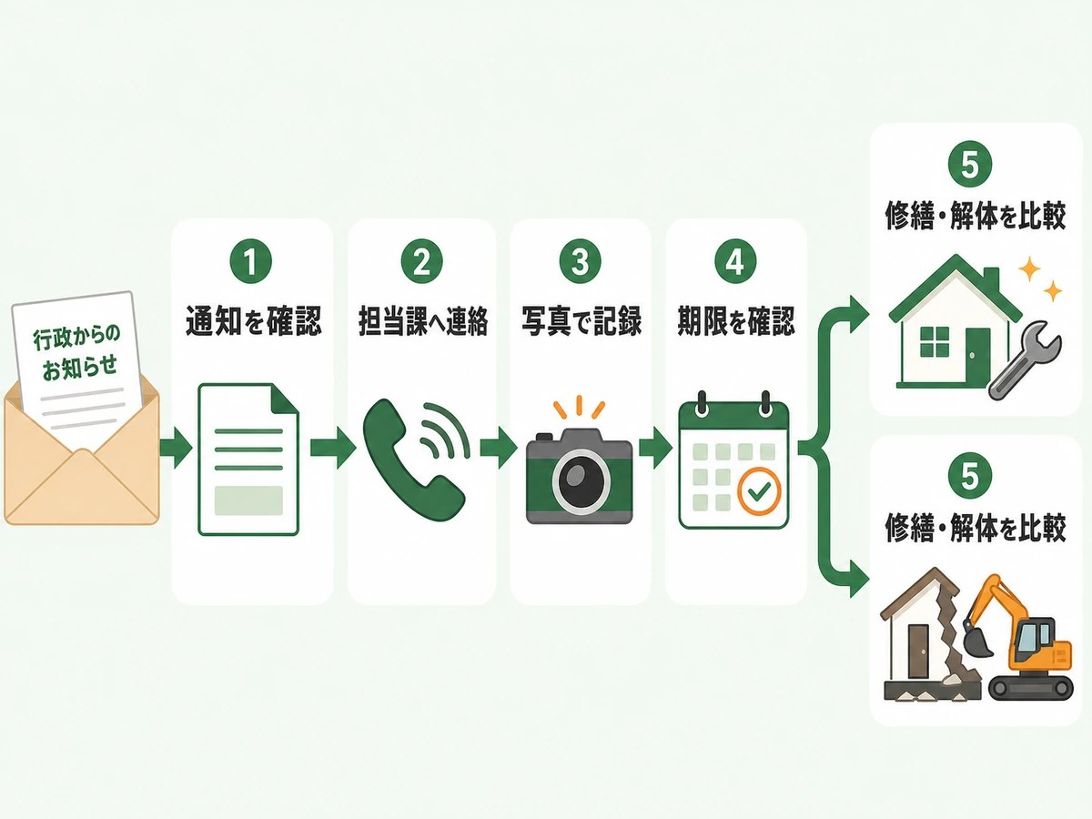 行政通知後に通知確認、担当課連絡、写真記録、期限確認、修繕や解体比較へ進む流れ