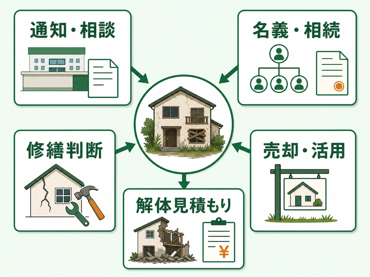 空き家の通知相談、名義相続、修繕判断、売却活用、解体見積もりの相談先を分ける図