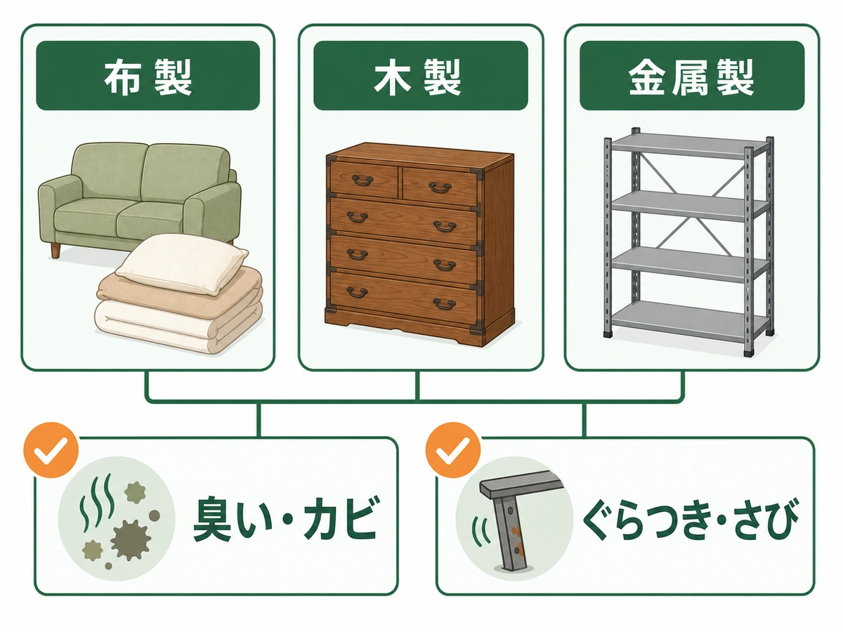 空き家に残した家具を布製・木製・金属製に分けて状態を確認する図