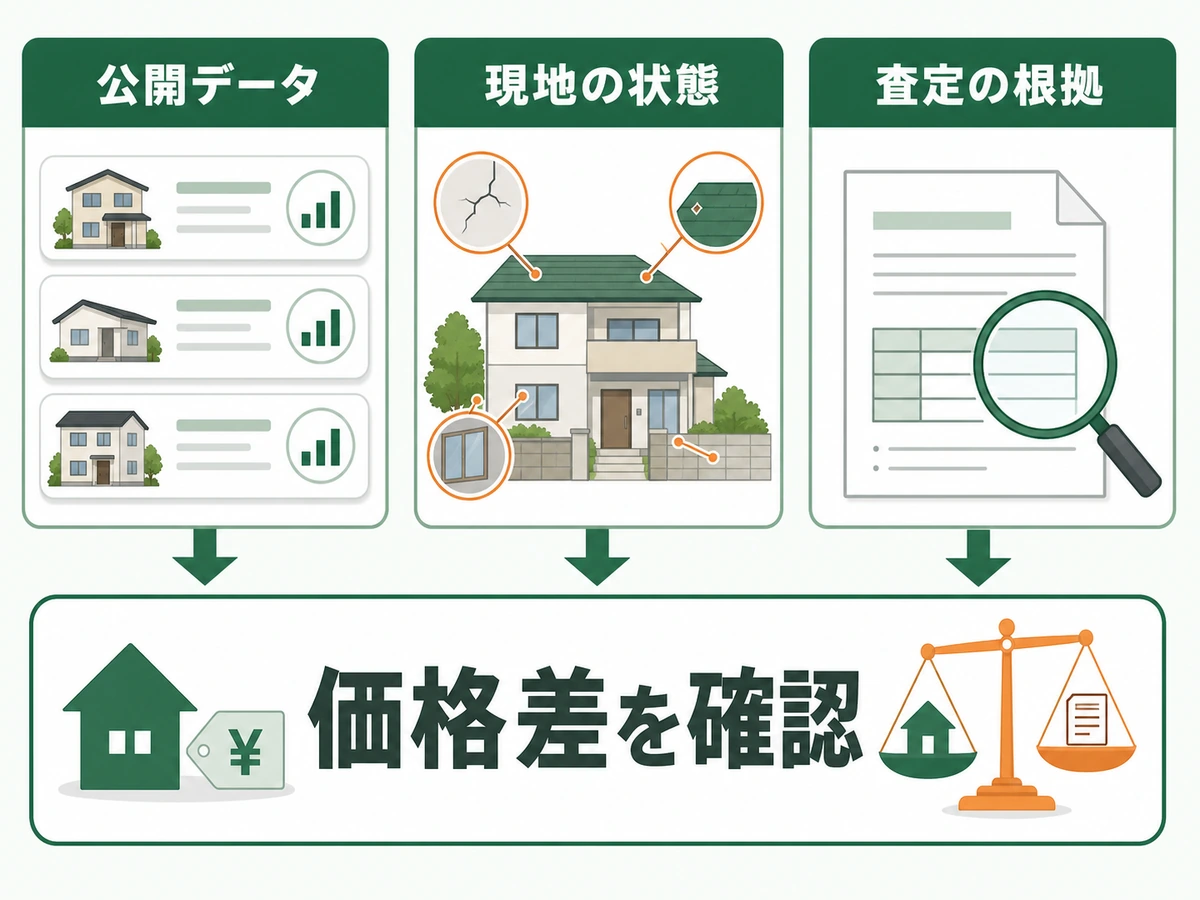 公開データ、現地の状態、査定の根拠から価格差を確認する判断図