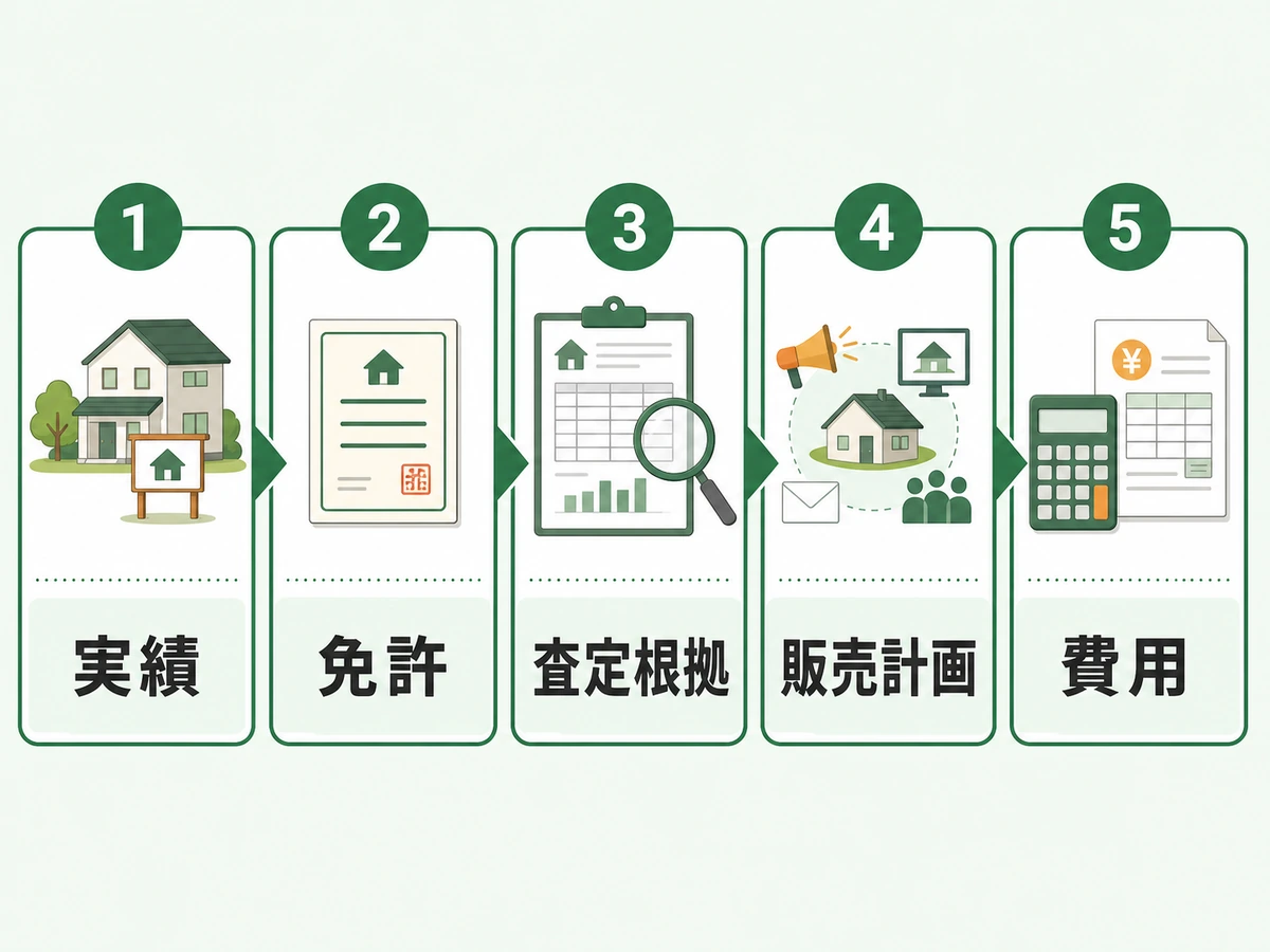 空き家売却の不動産業者を実績・免許・査定根拠・販売計画・費用の順に確認する図