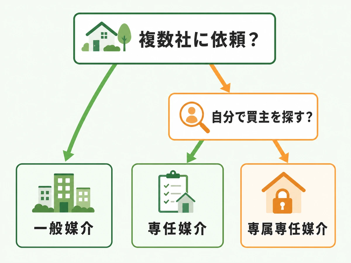複数社への依頼と自己発見取引から一般・専任・専属専任媒介を選ぶ図