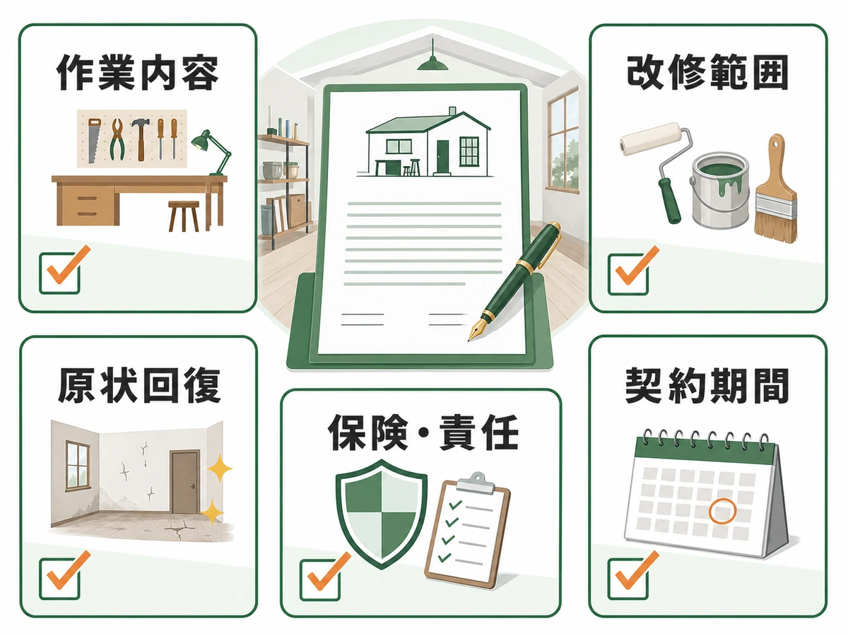 空き家の工房賃貸契約で決める作業内容・改修範囲・原状回復・保険責任・契約期間