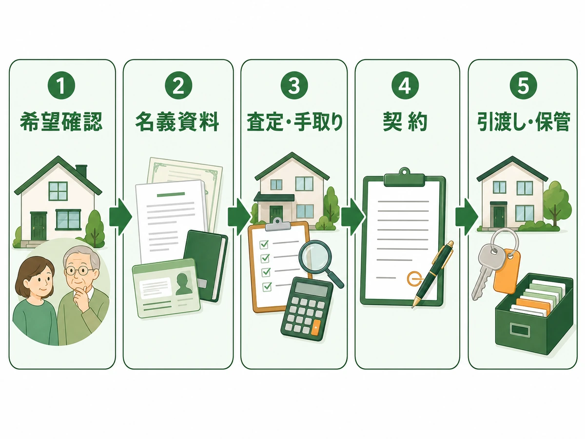 実家の生前売却を希望確認から引渡しと資料保管まで示す手順図