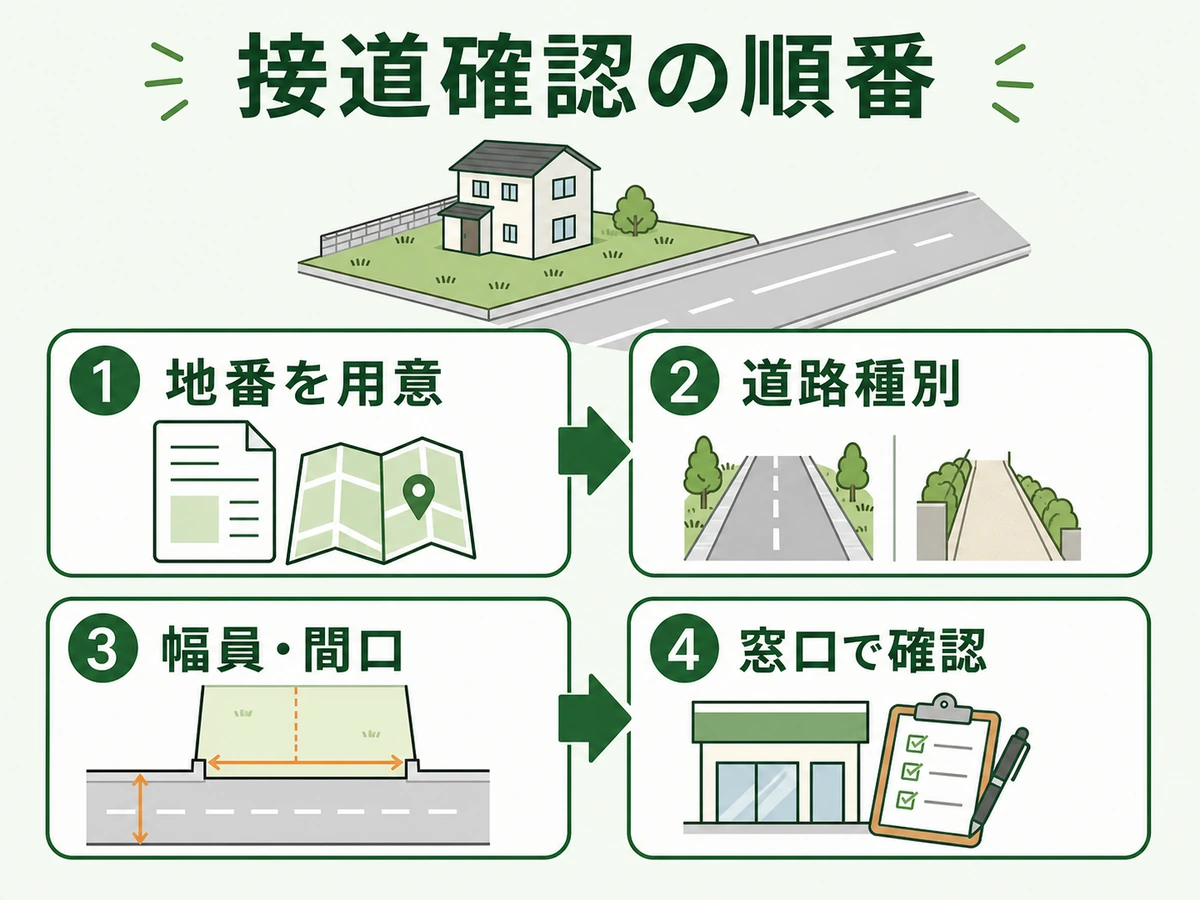 空き家の接道確認の順番を示す図解