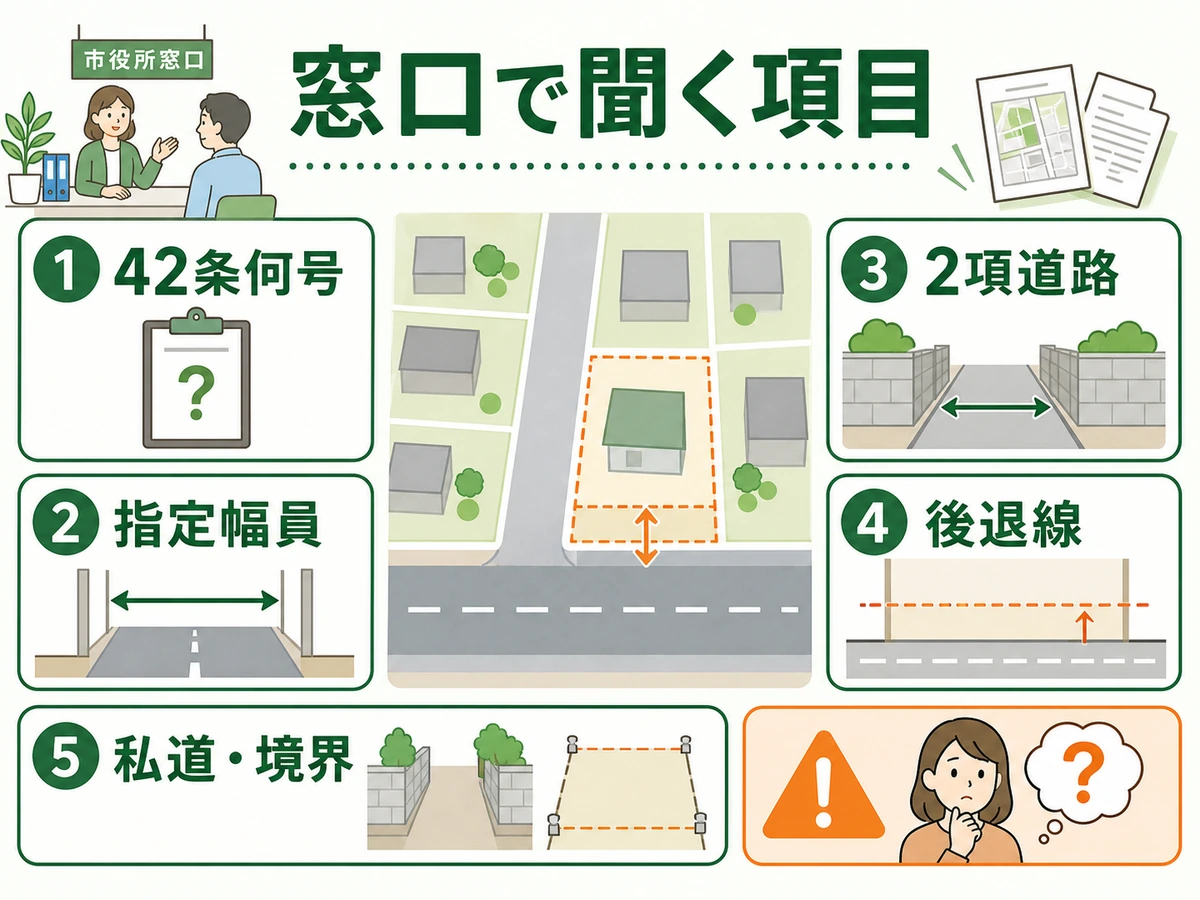 役所窓口で聞く接道条件の項目を示す図解
