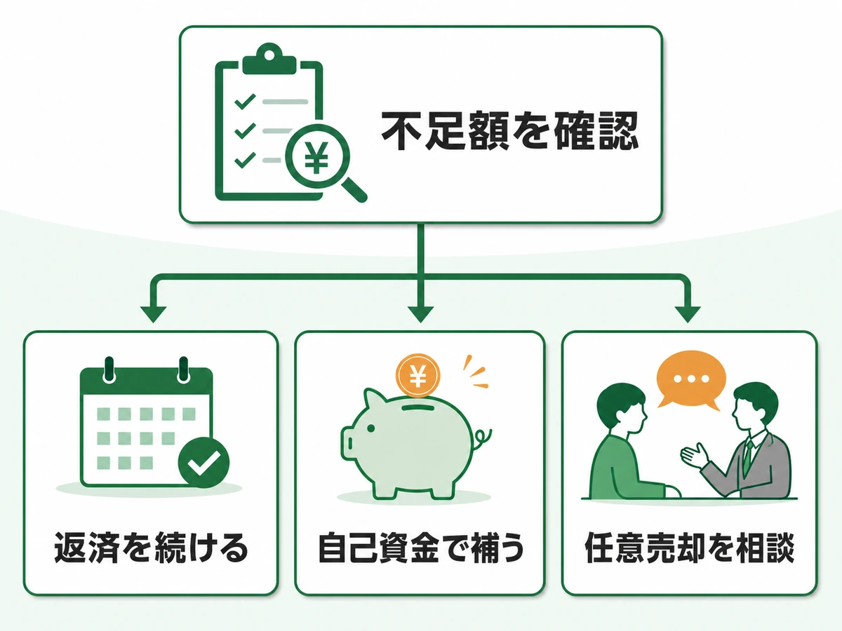 オーバーローン時に返済継続、自己資金補填、任意売却相談へ分かれる判断図