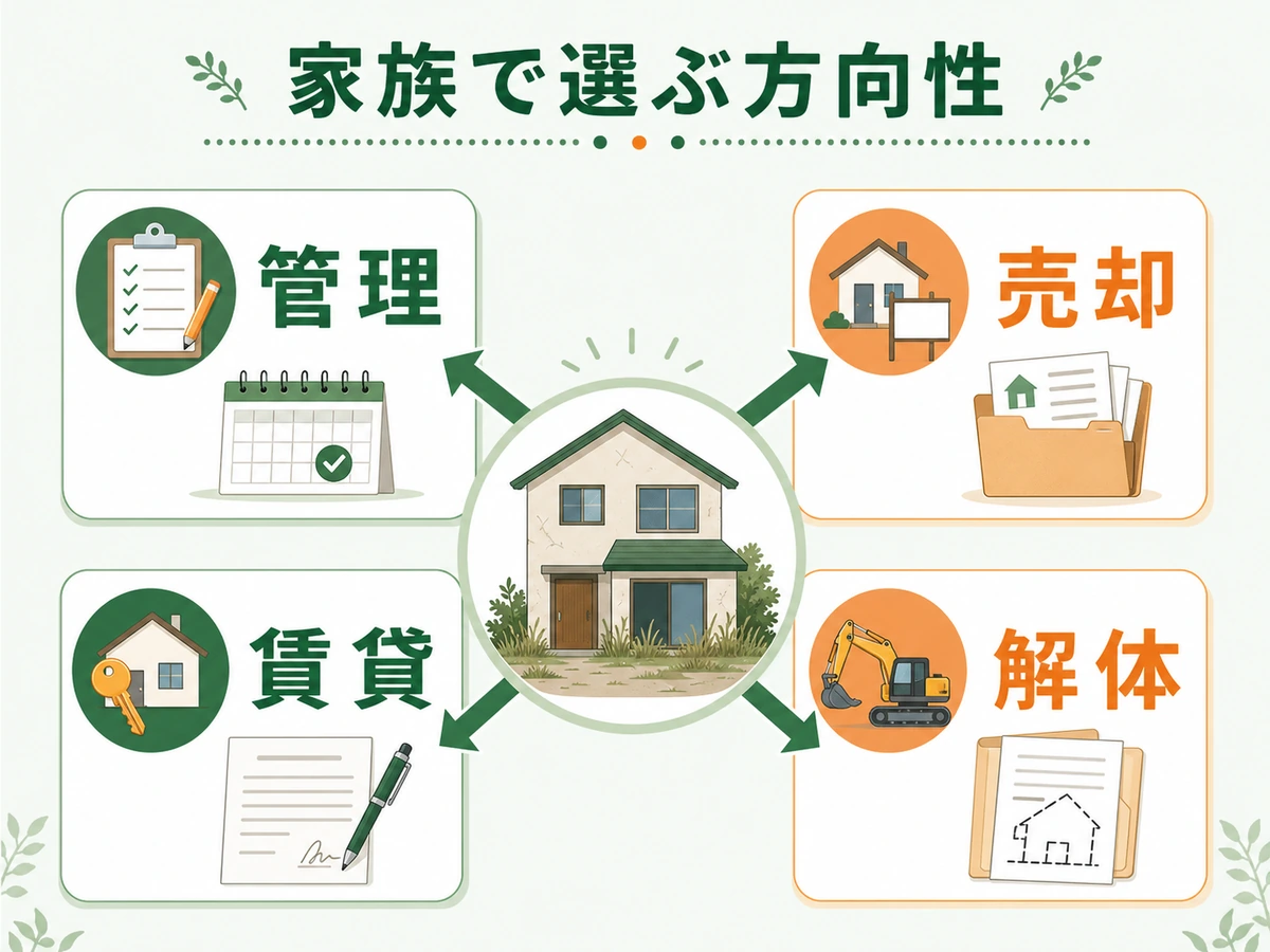 空き家を管理・売却・賃貸・解体の方向性で検討する分岐図