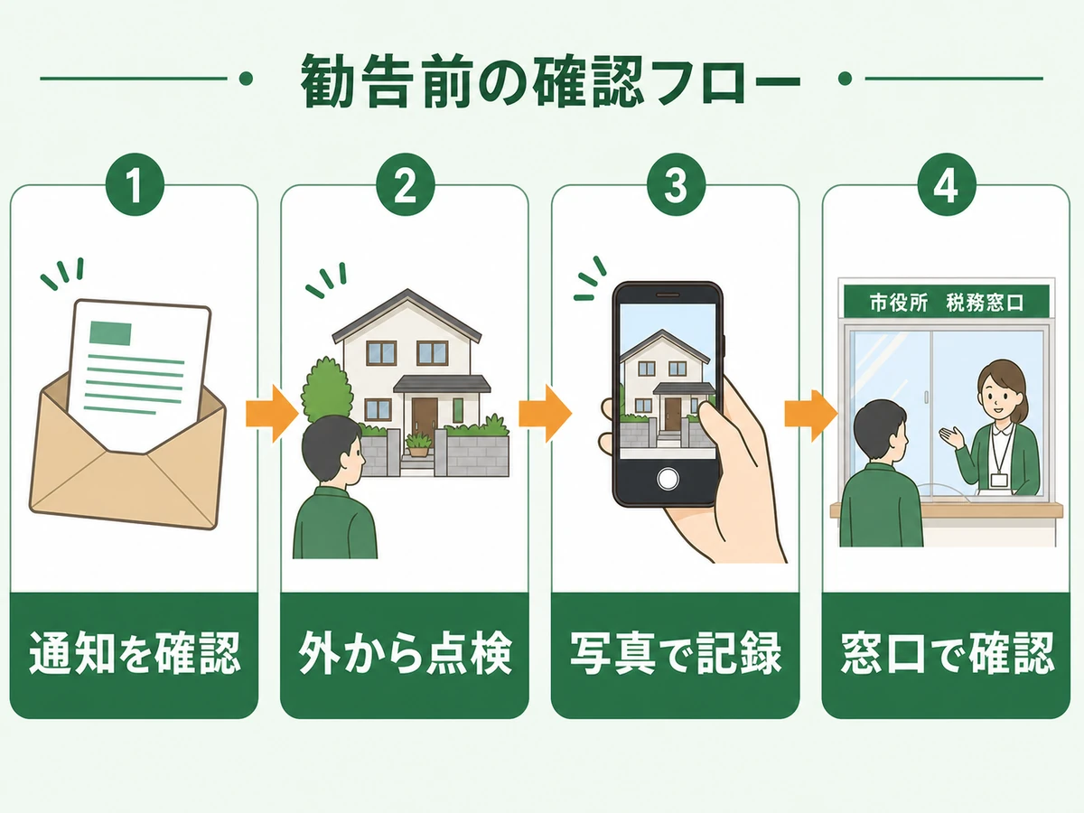 勧告前に通知、外観、写真、窓口を確認する流れ