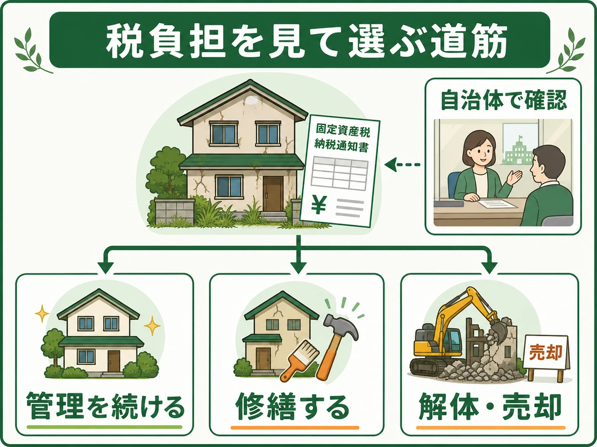 自治体確認から管理、修繕、解体売却を選ぶ判断図