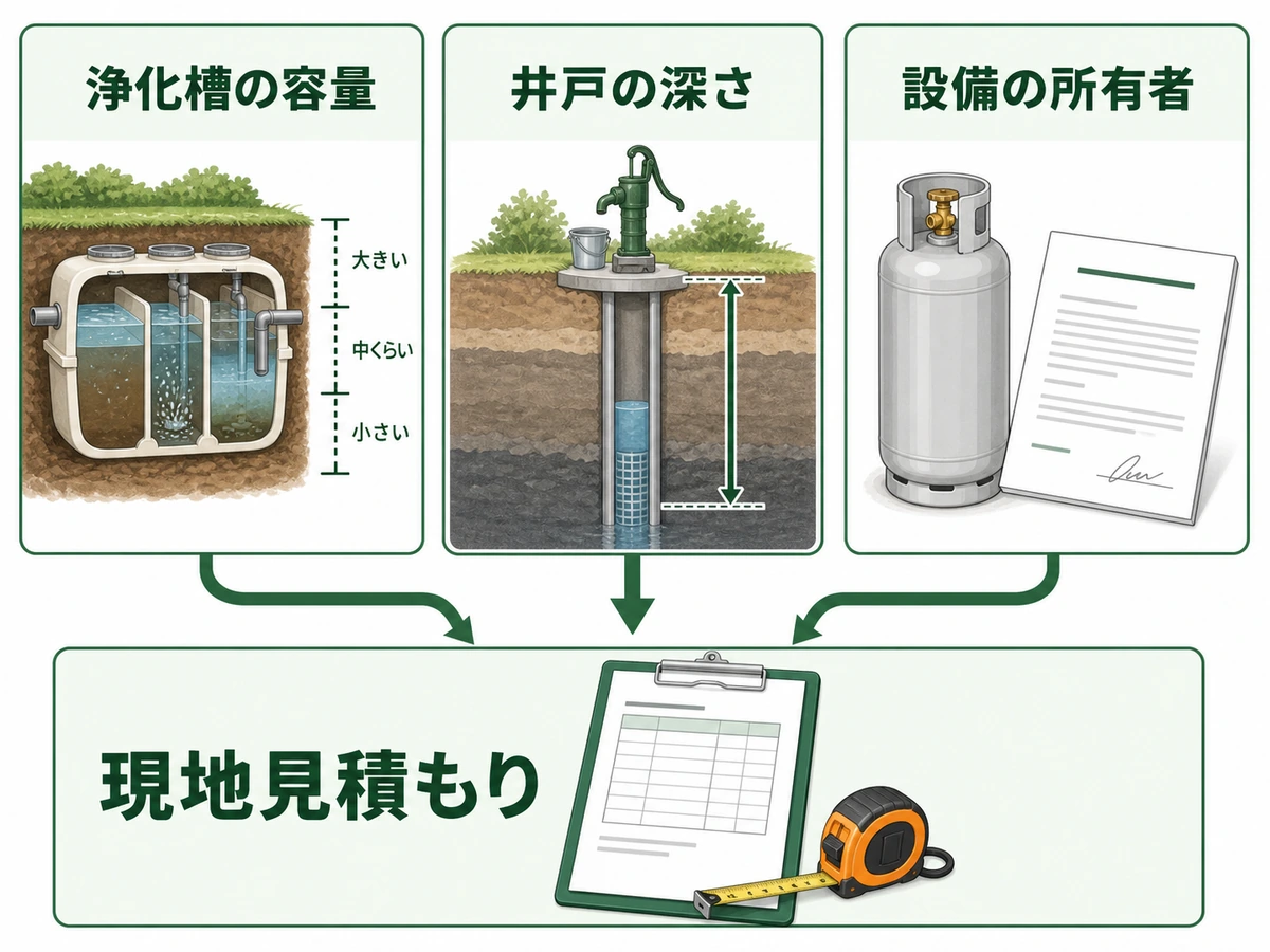 浄化槽の容量・井戸の深さ・LPガス設備の所有者など撤去費用を左右する条件