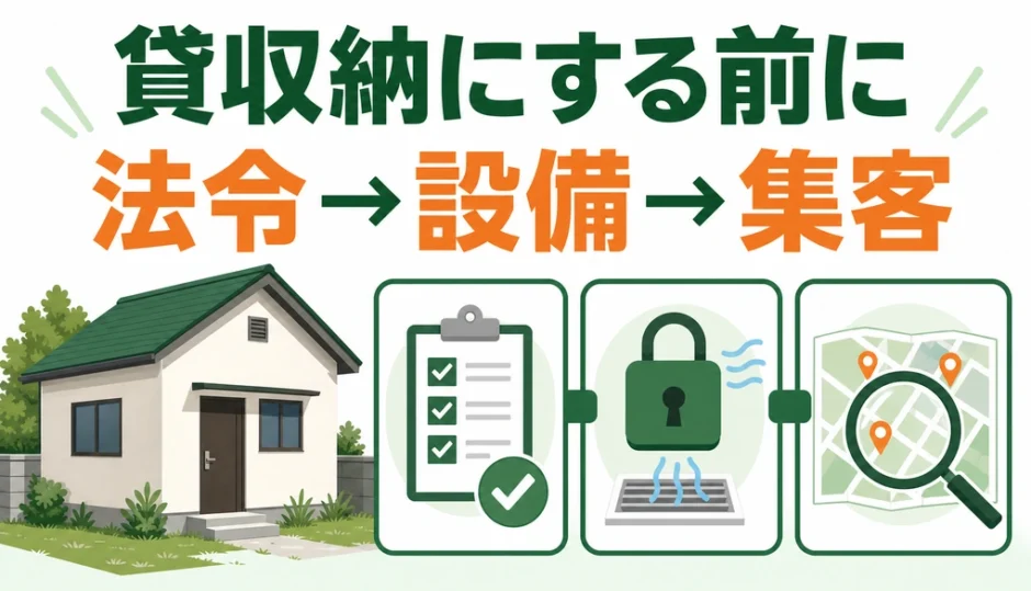 空き家を貸収納にする前に法令、設備、集客を順番に確認する図
