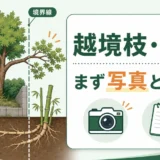 空き家の枝と竹根が境界線を越えた際に写真と記録を残すことを示す図