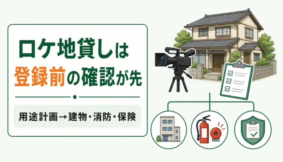 空き家をロケ地として貸す前の用途計画と建物・消防・保険の確認を示す図