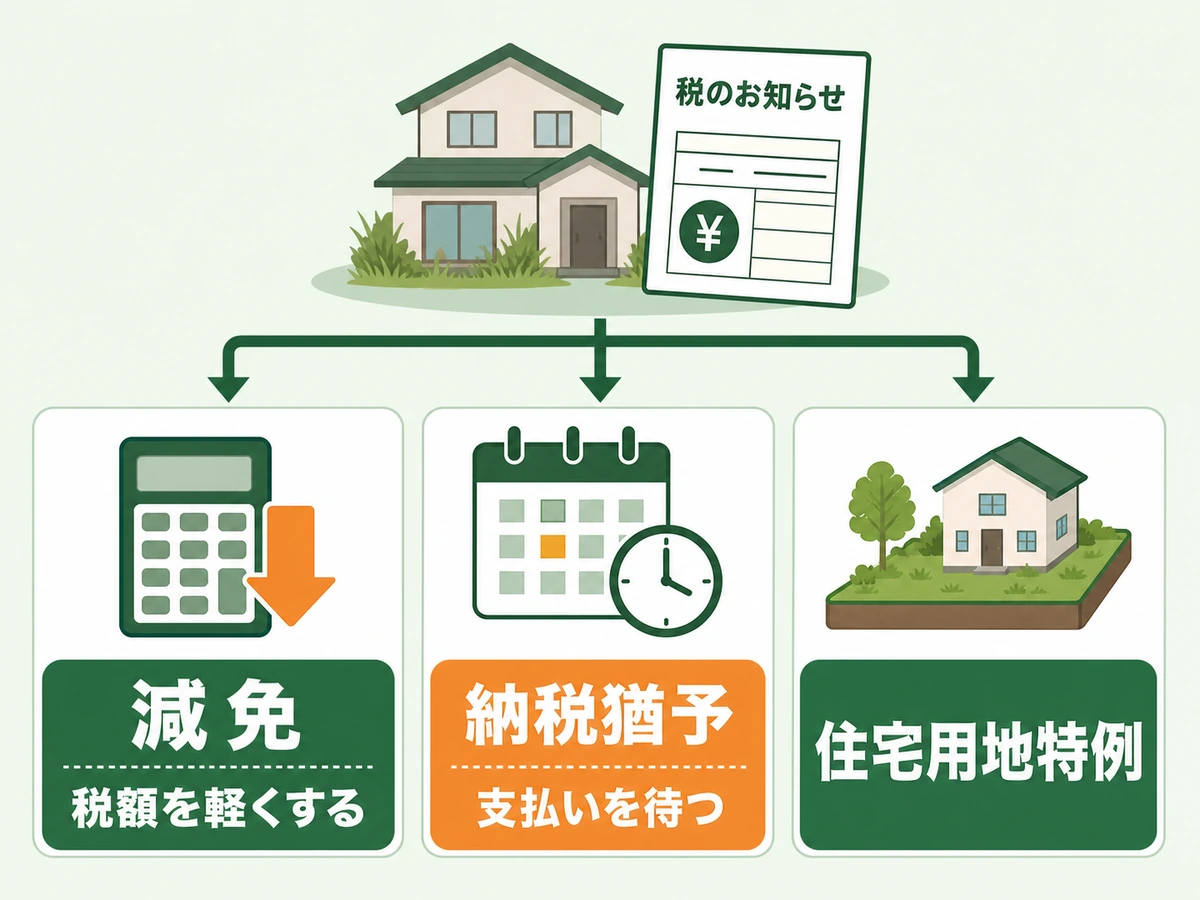 減免・納税猶予・住宅用地特例の違いを示す比較図