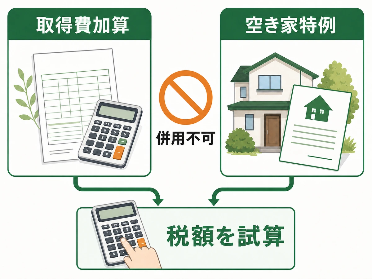 取得費加算と空き家特例は併用せず税額を比較する判断図