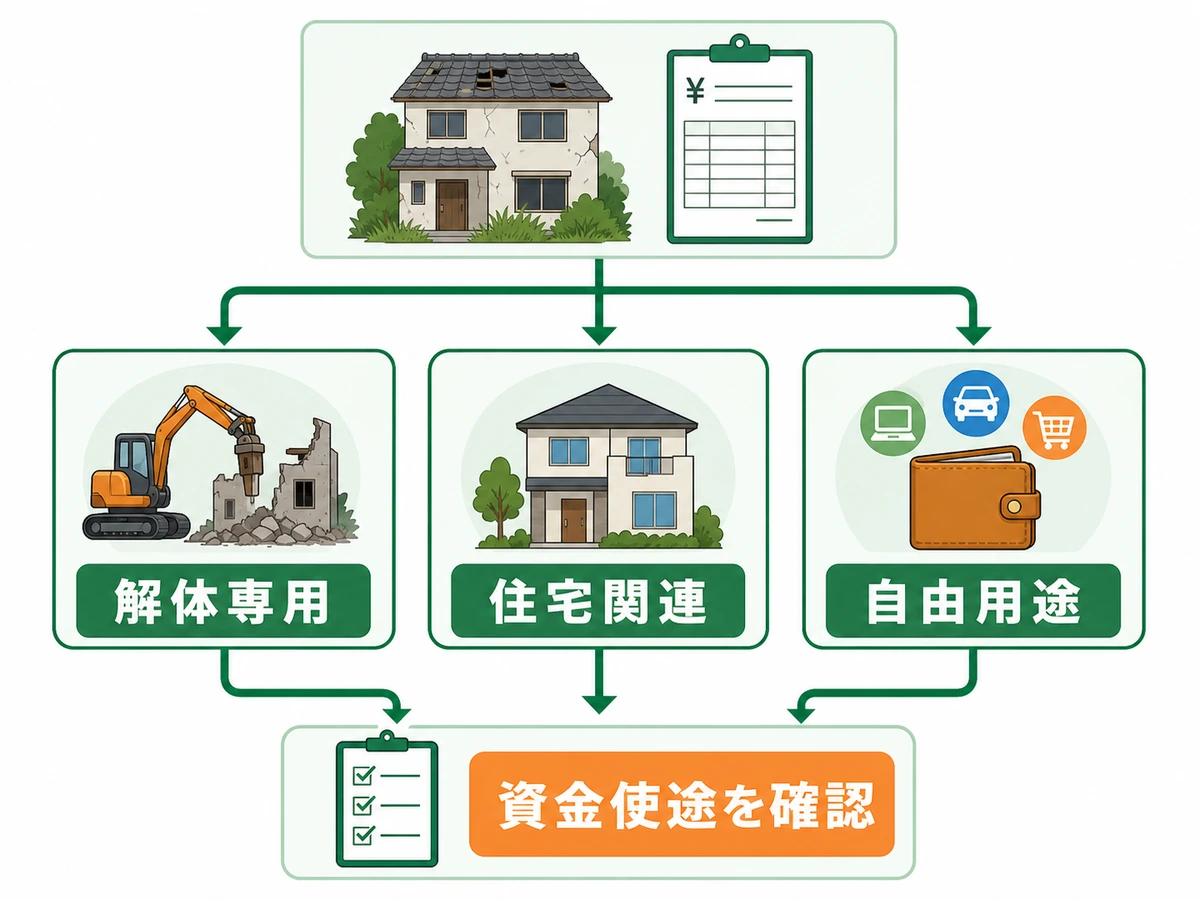 空き家の解体費用に使える3種類のローンを選ぶ確認フロー