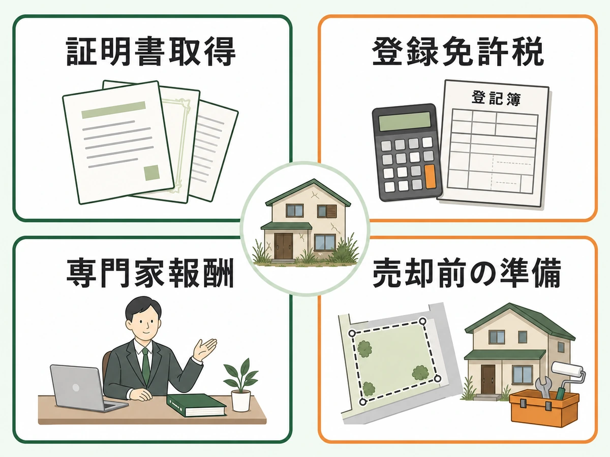 数次相続の費用を証明書取得・登録免許税・専門家報酬・売却前準備に分けた図