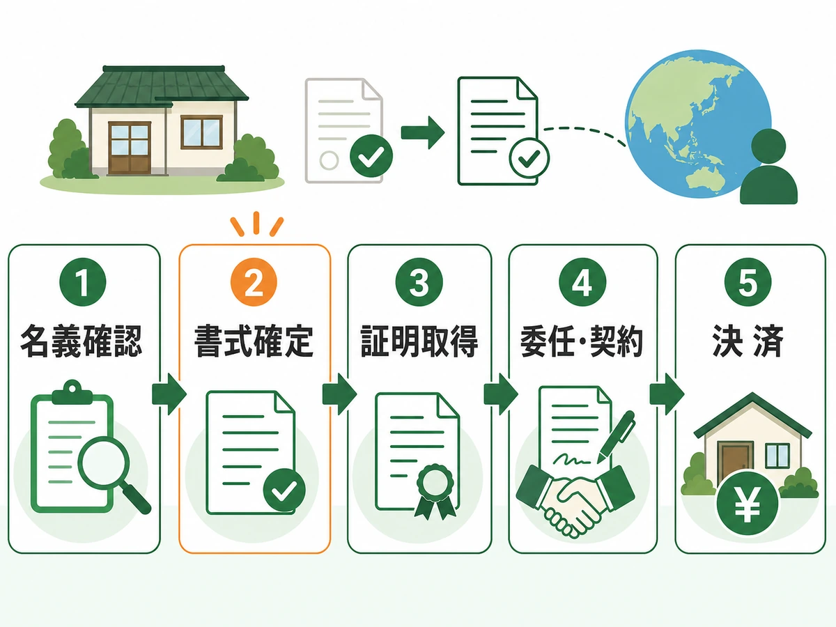 海外在住の相続人がいる空き家売却を名義確認から決済まで示す5段階フロー
