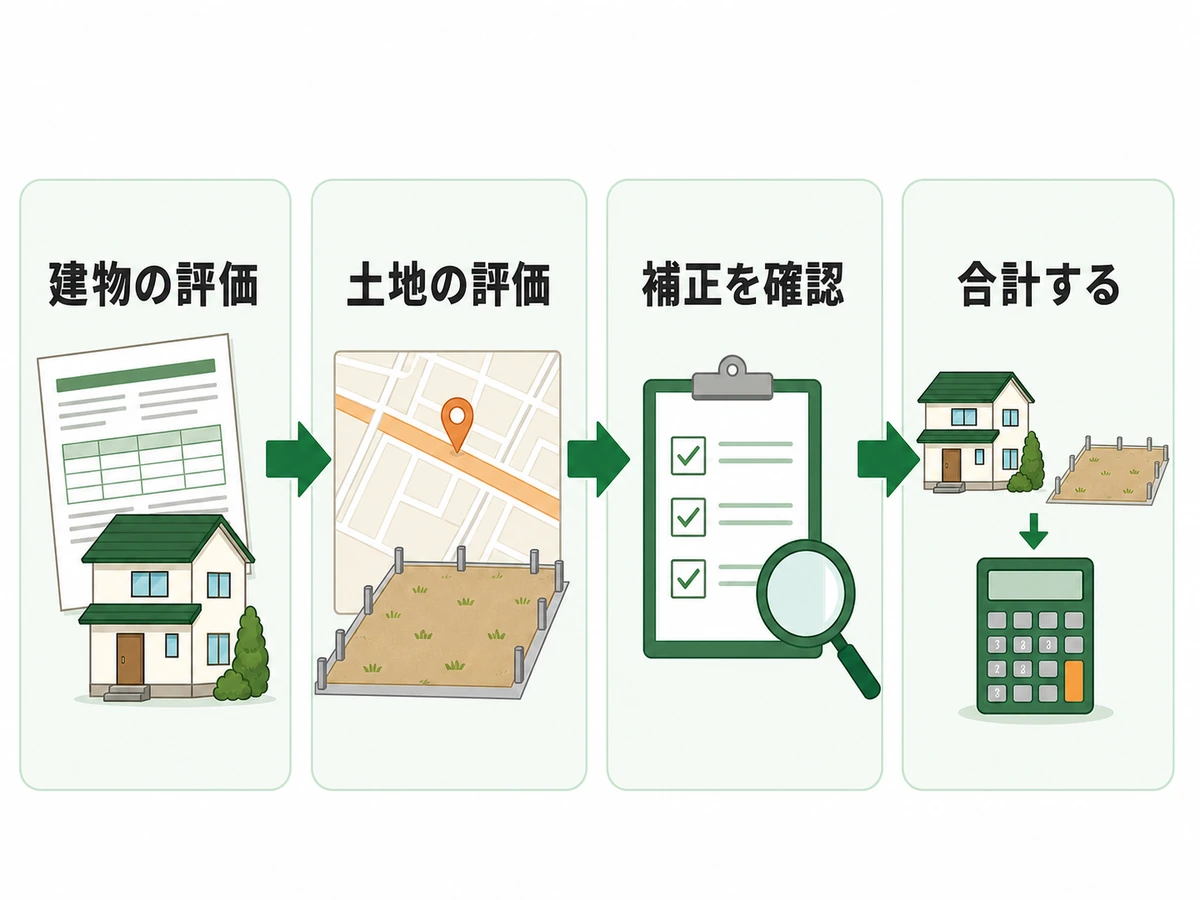 空き家の建物評価と土地評価を確認し、補正後に合算する4段階の流れ