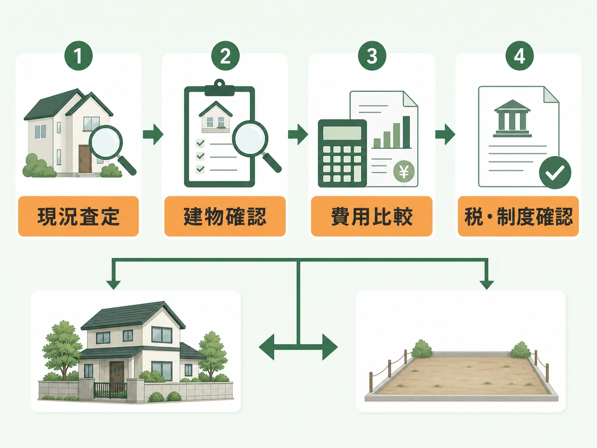 空き家を解体する前に現況査定・建物確認・費用比較・税制度確認を行う流れ