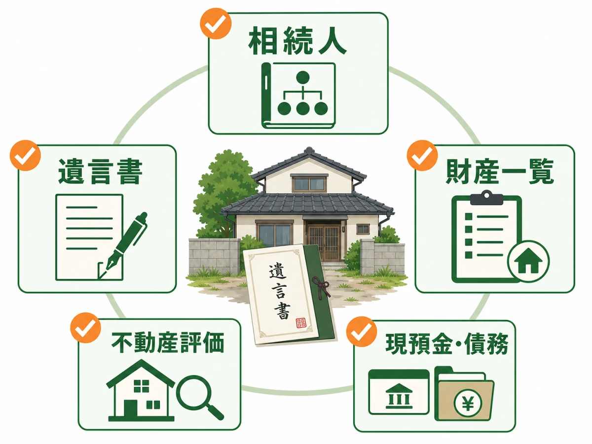 空き家相続で確認する相続人、遺言書、財産一覧、不動産評価、現預金と債務の資料