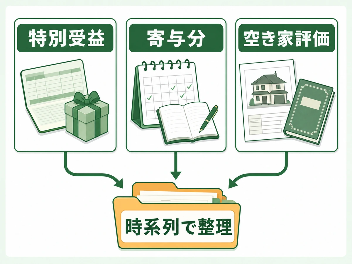 特別受益・寄与分・空き家評価の資料を時系列で分けて整理するチェック図