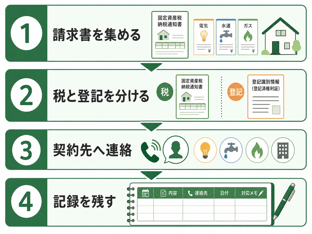 相続後に請求書を集めて税・登記・契約を順に確認する4段階