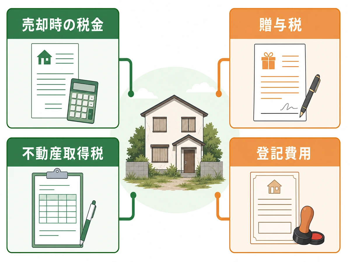 相続した空き家の売却時と贈与時に確認する税金・登記費用の比較図