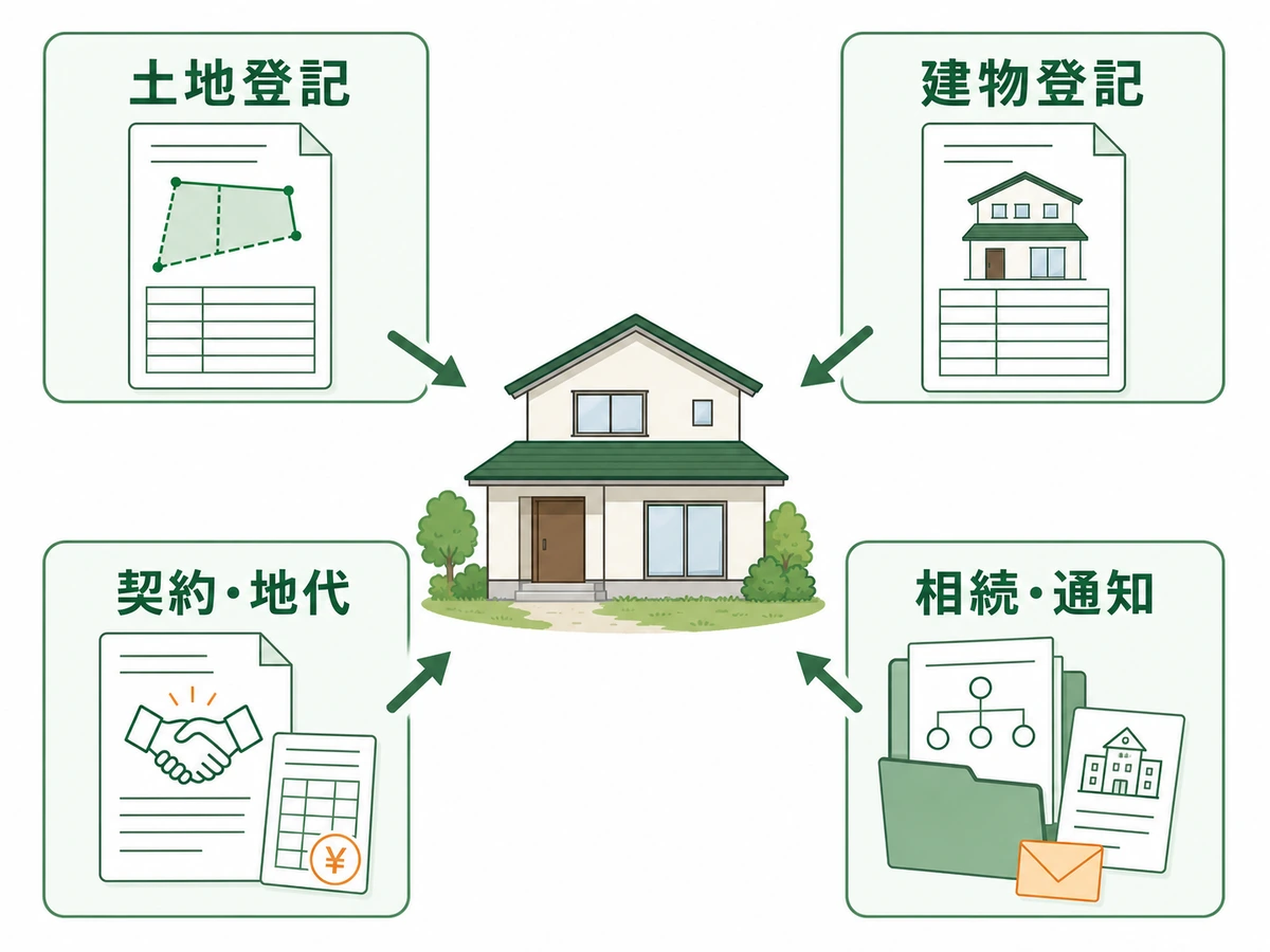 土地登記、建物登記、契約・地代、相続・通知の4つの確認資料