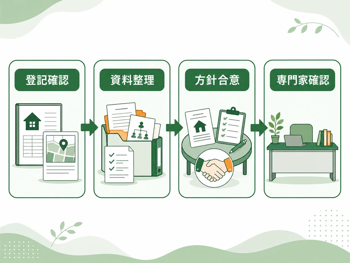 登記確認、資料整理、方針合意、専門家確認の4ステップ