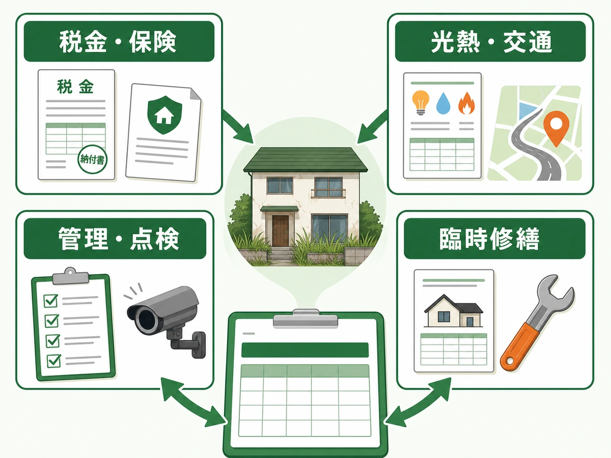 空き家の維持費を税金・保険、光熱・交通、管理・点検、臨時修繕に分ける図