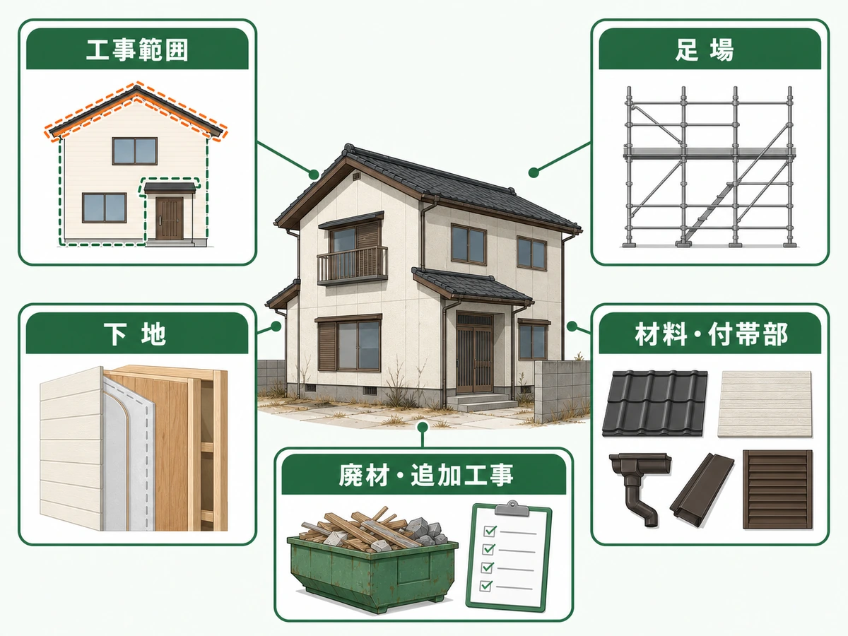 空き家の外壁・屋根修繕費用を変える工事範囲・足場・下地・材料・廃材と追加工事の図