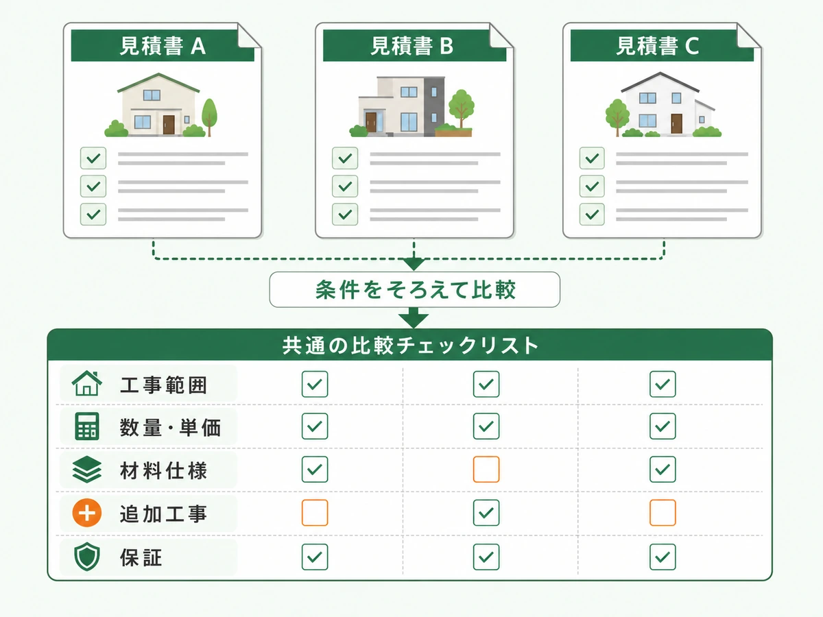 外壁・屋根修繕の見積書で工事範囲・数量・材料仕様・追加工事・保証をそろえて比べる図
