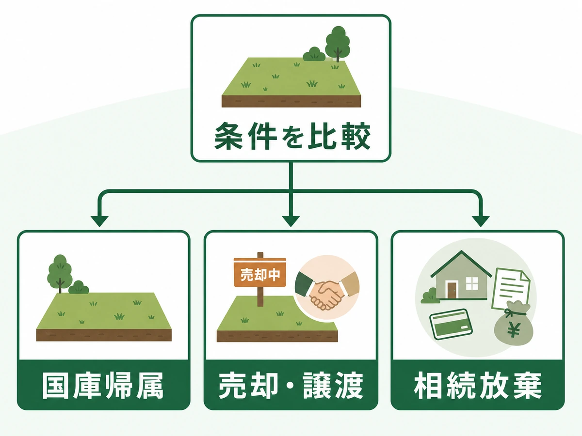 相続した土地について国庫帰属・売却や譲渡・相続放棄を比較する判断図
