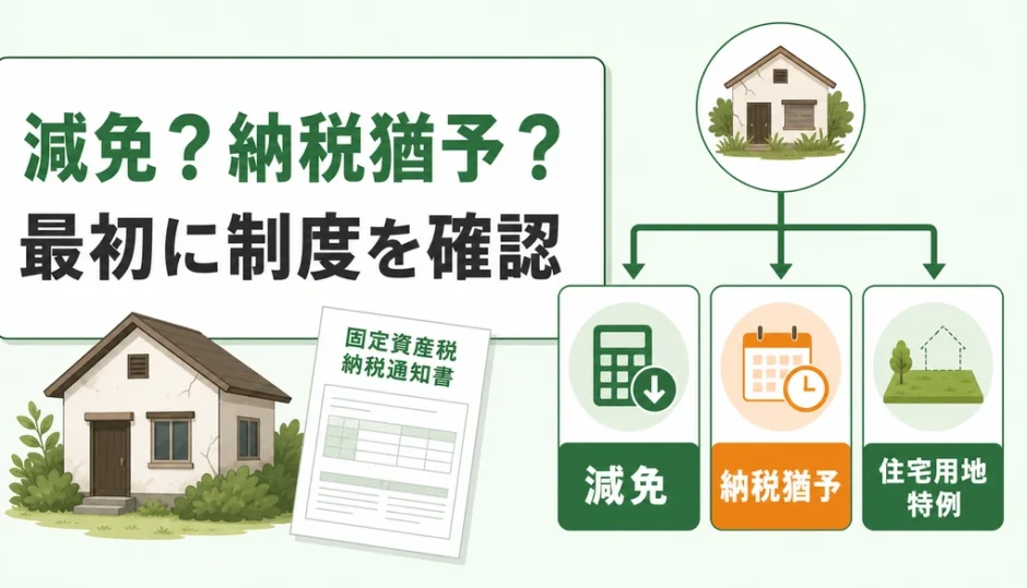 空き家の固定資産税で減免・納税猶予・住宅用地特例を確認する図
