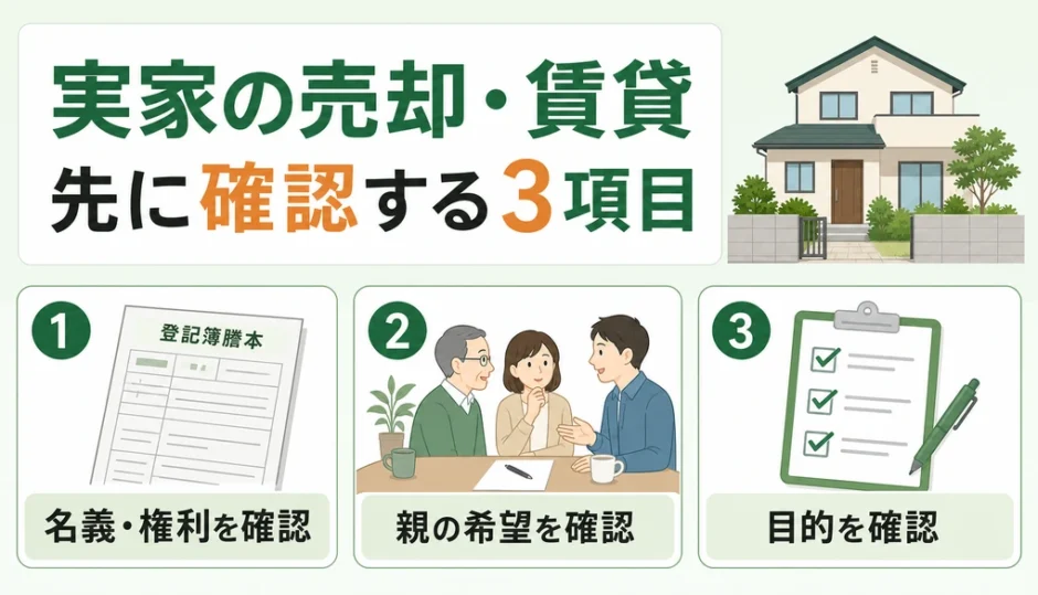 実家の売却・賃貸前に名義・本人の希望・利用目的を確認することを示す図