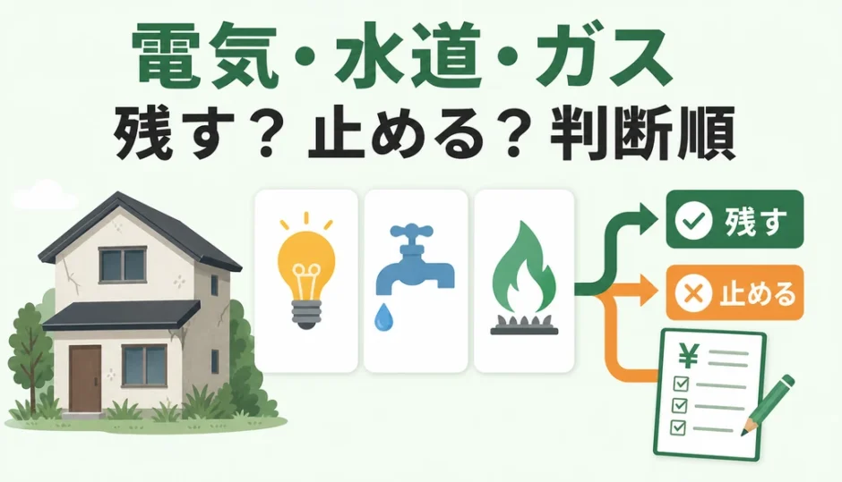 空き家の電気・水道・ガスを残すか止めるかの判断順を示す図