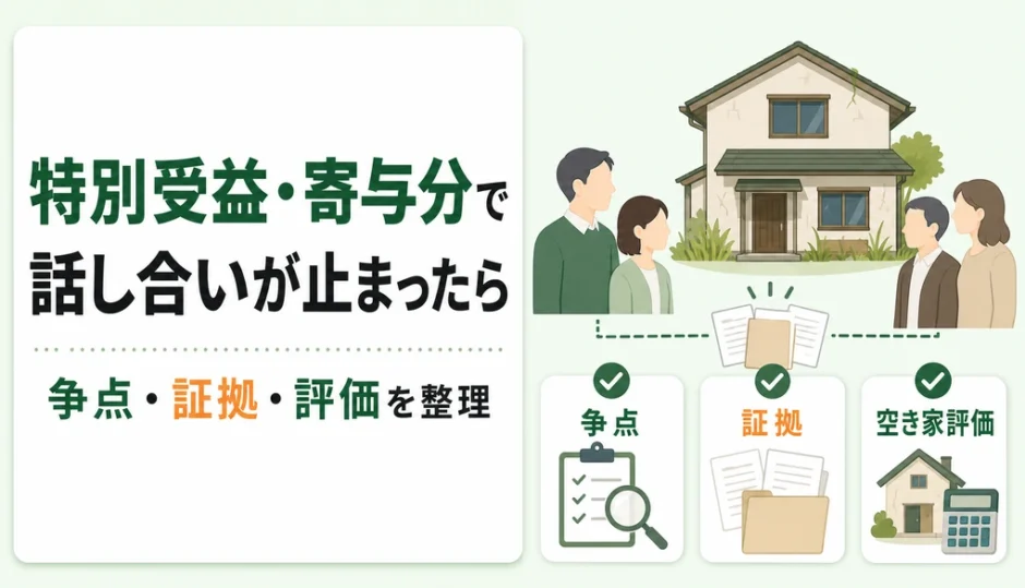 特別受益・寄与分で空き家の遺産分割が止まったときに争点・証拠・評価を整理する図