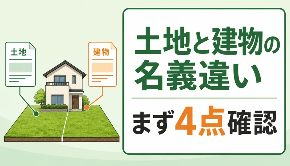 土地と建物の名義が違う空き家で最初に4点を確認することを示す図
